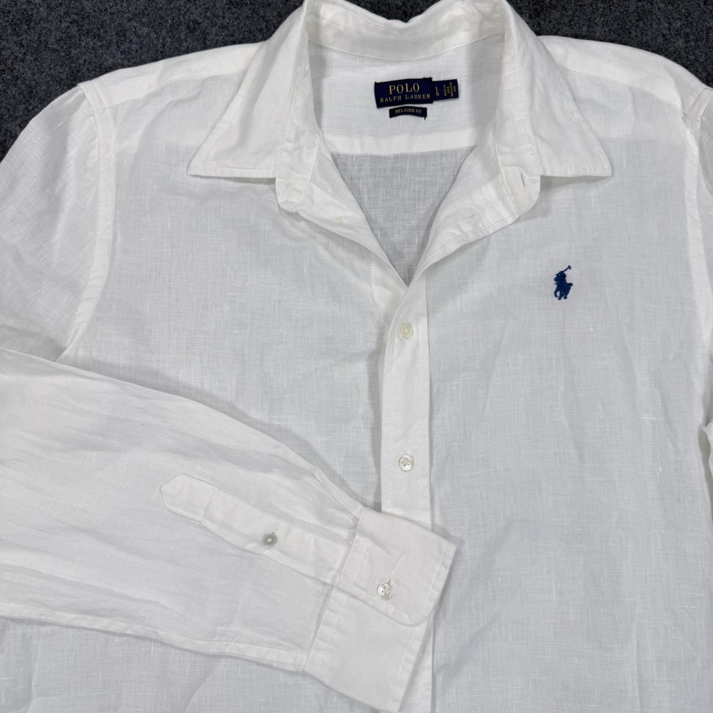 Polo Ralph Lauren White 100% Linen Relaxed Fit Button Down Shirt Mens Large